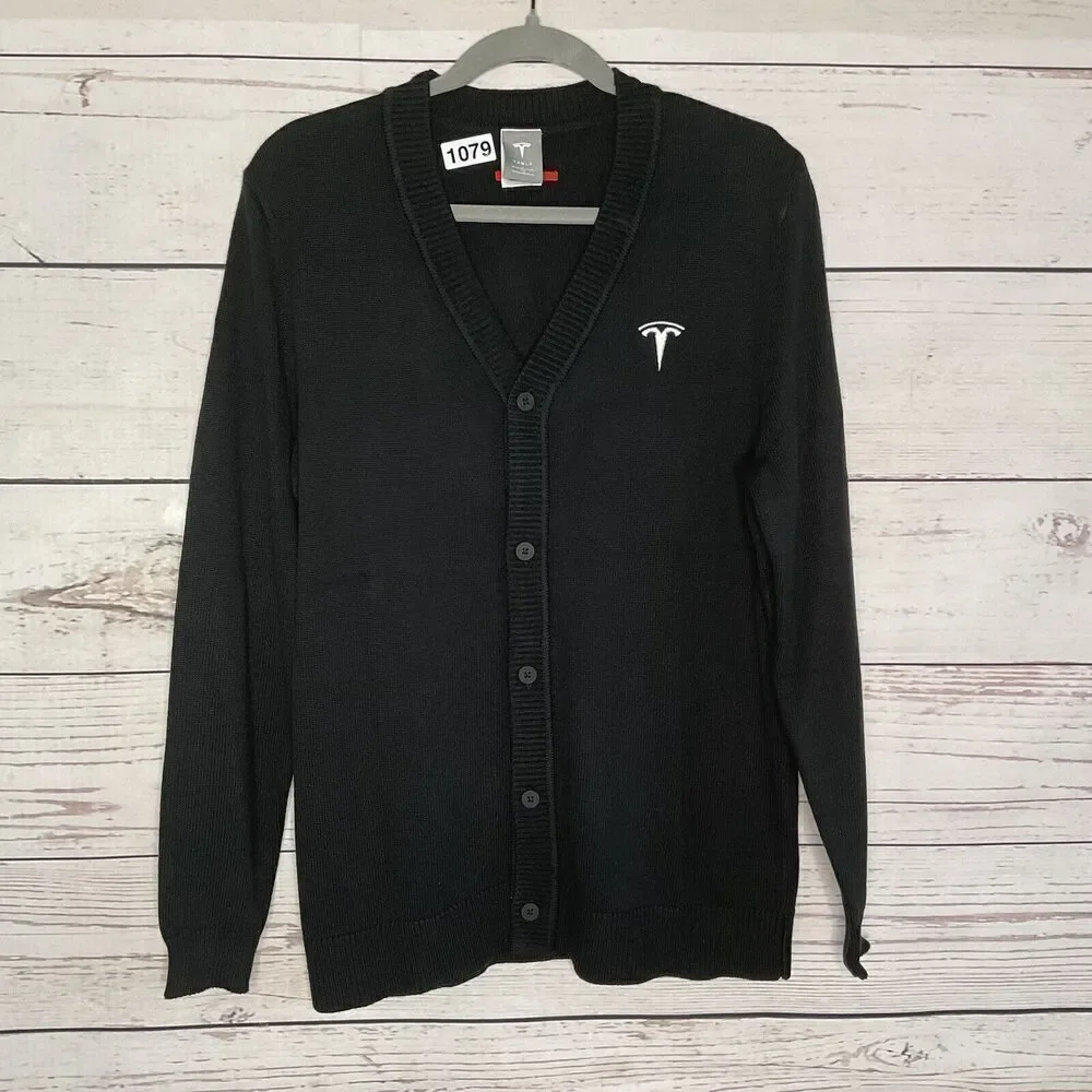 Tesla Men’s Size Medium M‎ V-Neck Cardigan Button Sweater in Black Embroidered